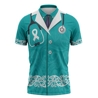 New Zealand Nurses Week Zipper Polo Shirt Maori Kowhaiwhai Cyan Tribal LT9 Cyan - Polynesian Pride