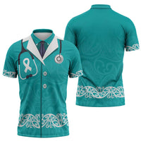 New Zealand Nurses Week Zipper Polo Shirt Maori Kowhaiwhai Cyan Tribal LT9 - Polynesian Pride