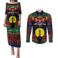 Personalised New Caledonia All Saints Day Couples Matching Puletasi and Long Sleeve Button Shirt Candle Light with Polynesian Style LT9 Black - Polynesian Pride