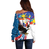 Personalized Filipino-American Off Shoulder Sweater The Eight-Rayed Sun with Bald Eagle LT9 - Polynesian Pride