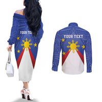 Personalized Pilipinas Eight-Rayed Sun Couples Matching Off The Shoulder Long Sleeve Dress and Long Sleeve Button Shirt Philippines Map With Polynesian Style LT9 - Polynesian Pride