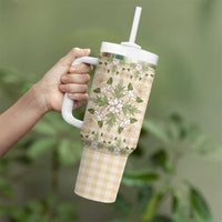 Squares Maile Leaf Tumbler With Handle Beige Palaka Hawaiian Quilt Pattern - Polynesian Pride