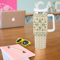 Squares Maile Leaf Tumbler With Handle Beige Palaka Hawaiian Quilt Pattern - Polynesian Pride