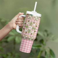 Squares Maile Leaf Tumbler With Handle Pink Palaka Hawaiian Quilt Pattern - Polynesian Pride