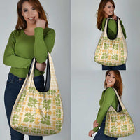 Squares Puakenikeni and Kalo Grocery Bag Beige Palaka Hawaiian Quilt Pattern - Polynesian Pride
