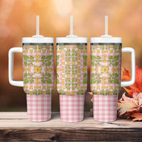 Squares Puakenikeni and Kalo Tumbler With Handle Pink Palaka Hawaiian Quilt Pattern - Polynesian Pride