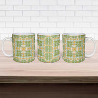 Squares Puakenikeni and Kalo Ceramic Mug Turquoise Palaka Hawaiian Quilt Pattern - Polynesian Pride