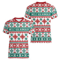 Mele Kalikimaka Hawaii Christmas Women V-Neck T-Shirt Hawaiian Quilt Pattern Style - Polynesian Pride