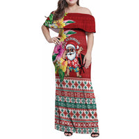 Santa Surf Mele Kalikimaka Personalized Family Matching Off Shoulder Maxi Dress and Hawaiian Shirt Aloha Tropical Christmas Vibes LT9 Mom's Dress Red - Polynesian Pride
