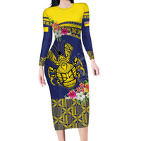 Niue Coconut Crab Family Matching Long Sleeve Bodycon Dress and Hawaiian Shirt Rock of Polynesia LT9 Mom's Dress Gold - Polynesian Pride
