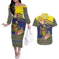 Monuina e Kilisimasi Niue Christmas Couples Matching Off The Shoulder Long Sleeve Dress and Hawaiian Shirt Niuean Tribal Pattern LT9 Gold - Polynesian Pride