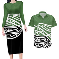Green Fern New Zealand Kowhai Ngutukak Couples Matching Long Sleeve Bodycon Dress and Hawaiian Shirt - Polynesian Pride