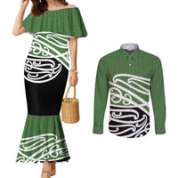 Green Fern New Zealand Kowhai Ngutukak Couples Matching Mermaid Dress and Long Sleeve Button Shirt - Polynesian Pride