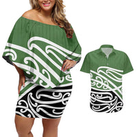 Green Fern New Zealand Kowhai Ngutukak Couples Matching Off Shoulder Short Dress and Hawaiian Shirt - Polynesian Pride