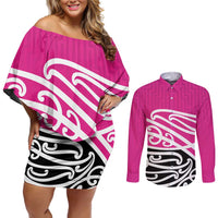 All Pink New Zealand Kowhai Ngutukak Couples Matching Off Shoulder Short Dress and Long Sleeve Button Shirt - Polynesian Pride
