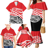 All Red New Zealand Kowhai Ngutukak Family Matching Mermaid Dress and Hawaiian Shirt - Polynesian Pride