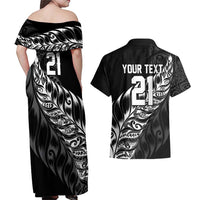 New Zealand Lawn Bowls Custom Couples Matching Off Shoulder Maxi Dress and Hawaiian Shirt Black Maori Warrior Tribal Silver Fern LT9 - Polynesian Pride