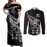 New Zealand Lawn Bowls Custom Couples Matching Off Shoulder Maxi Dress and Long Sleeve Button Shirt Black Maori Warrior Tribal Silver Fern LT9 Black - Polynesian Pride