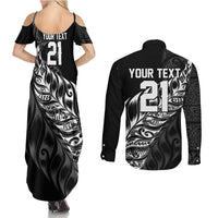 New Zealand Lawn Bowls Custom Couples Matching Summer Maxi Dress and Long Sleeve Button Shirt Black Maori Warrior Tribal Silver Fern LT9 - Polynesian Pride