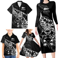 New Zealand Lawn Bowls Custom Family Matching Long Sleeve Bodycon Dress and Hawaiian Shirt Black Maori Warrior Tribal Silver Fern LT9 - Polynesian Pride