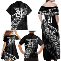 New Zealand Lawn Bowls Custom Family Matching Off Shoulder Maxi Dress and Hawaiian Shirt Black Maori Warrior Tribal Silver Fern LT9 - Polynesian Pride