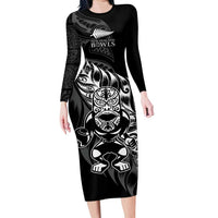 New Zealand Lawn Bowls Custom Long Sleeve Bodycon Dress Black Maori Warrior Tribal Silver Fern LT9 Long Dress Black - Polynesian Pride
