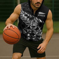 New Zealand Lawn Bowls Custom Sleeveless Zip Hoodie Black Maori Warrior Tribal Silver Fern LT9 - Polynesian Pride