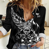 New Zealand Lawn Bowls Custom Women Casual Shirt Black Maori Warrior Tribal Silver Fern LT9 Female Black - Polynesian Pride