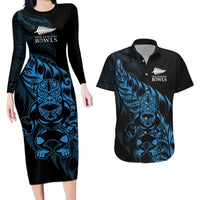New Zealand Lawn Bowls Custom Couples Matching Long Sleeve Bodycon Dress and Hawaiian Shirt Blue Maori Warrior Tribal Silver Fern LT9 Blue - Polynesian Pride