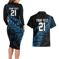 New Zealand Lawn Bowls Custom Couples Matching Long Sleeve Bodycon Dress and Hawaiian Shirt Blue Maori Warrior Tribal Silver Fern LT9 - Polynesian Pride