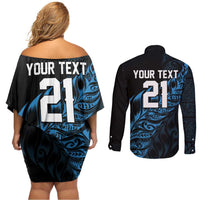 New Zealand Lawn Bowls Custom Couples Matching Off Shoulder Short Dress and Long Sleeve Button Shirt Blue Maori Warrior Tribal Silver Fern LT9 - Polynesian Pride
