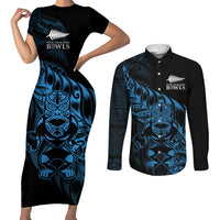 New Zealand Lawn Bowls Custom Couples Matching Short Sleeve Bodycon Dress and Long Sleeve Button Shirt Blue Maori Warrior Tribal Silver Fern LT9 Blue - Polynesian Pride