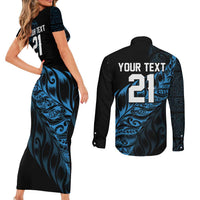 New Zealand Lawn Bowls Custom Couples Matching Short Sleeve Bodycon Dress and Long Sleeve Button Shirt Blue Maori Warrior Tribal Silver Fern LT9 - Polynesian Pride