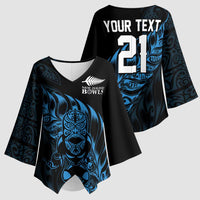 New Zealand Lawn Bowls Custom Kimono Sleeve Blouse Blue Maori Warrior Tribal Silver Fern - Polynesian Pride