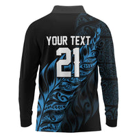 New Zealand Lawn Bowls Custom Long Sleeve Polo Shirt Blue Maori Warrior Tribal Silver Fern - Polynesian Pride