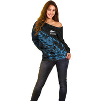 New Zealand Lawn Bowls Custom Off Shoulder Sweater Blue Maori Warrior Tribal Silver Fern - Polynesian Pride