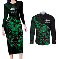 New Zealand Lawn Bowls Custom Couples Matching Long Sleeve Bodycon Dress and Long Sleeve Button Shirt Green Maori Warrior Tribal Silver Fern LT9 Green - Polynesian Pride