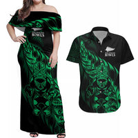 New Zealand Lawn Bowls Custom Couples Matching Off Shoulder Maxi Dress and Hawaiian Shirt Green Maori Warrior Tribal Silver Fern LT9 Green - Polynesian Pride