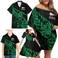 New Zealand Lawn Bowls Custom Family Matching Off Shoulder Short Dress and Hawaiian Shirt Green Maori Warrior Tribal Silver Fern LT9 - Polynesian Pride