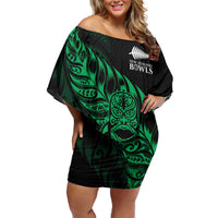 New Zealand Lawn Bowls Custom Family Matching Off Shoulder Short Dress and Hawaiian Shirt Green Maori Warrior Tribal Silver Fern LT9 Mom's Dress Green - Polynesian Pride