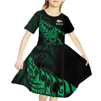 New Zealand Lawn Bowls Custom Kid Short Sleeve Dress Green Maori Warrior Tribal Silver Fern LT9 - Polynesian Pride