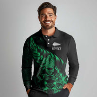 New Zealand Lawn Bowls Custom Long Sleeve Polo Shirt Green Maori Warrior Tribal Silver Fern LT9 - Polynesian Pride