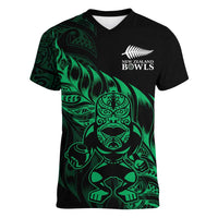 New Zealand Lawn Bowls Custom Women V-Neck T-Shirt Green Maori Warrior Tribal Silver Fern LT9 Female Green - Polynesian Pride