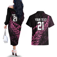 New Zealand Lawn Bowls Custom Couples Matching Off The Shoulder Long Sleeve Dress and Hawaiian Shirt Pink Maori Warrior Tribal Silver Fern LT9 - Polynesian Pride