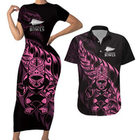 New Zealand Lawn Bowls Custom Couples Matching Short Sleeve Bodycon Dress and Hawaiian Shirt Pink Maori Warrior Tribal Silver Fern LT9 Pink - Polynesian Pride