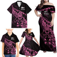New Zealand Lawn Bowls Custom Family Matching Off Shoulder Maxi Dress and Hawaiian Shirt Pink Maori Warrior Tribal Silver Fern LT9 - Polynesian Pride