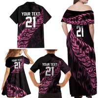 New Zealand Lawn Bowls Custom Family Matching Off Shoulder Maxi Dress and Hawaiian Shirt Pink Maori Warrior Tribal Silver Fern LT9 - Polynesian Pride