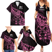 New Zealand Lawn Bowls Custom Family Matching Summer Maxi Dress and Hawaiian Shirt Pink Maori Warrior Tribal Silver Fern LT9 - Polynesian Pride
