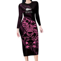 New Zealand Lawn Bowls Custom Long Sleeve Bodycon Dress Pink Maori Warrior Tribal Silver Fern LT9 Long Dress Pink - Polynesian Pride