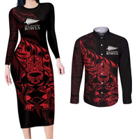 New Zealand Lawn Bowls Custom Couples Matching Long Sleeve Bodycon Dress and Long Sleeve Button Shirt Red Maori Warrior Tribal Silver Fern LT9 Red - Polynesian Pride